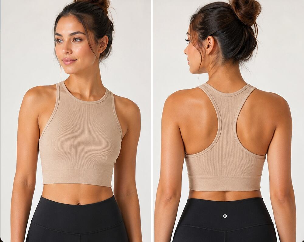 NUX Seamless Ribbed High Neck Racerback Sports Bra Crop Top Oatmeal Small NWOT